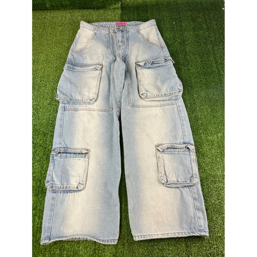 Edikted Womens Light Wash Wide Leg Cargo Jeans Blue Denim Y2K Streetwear 31W